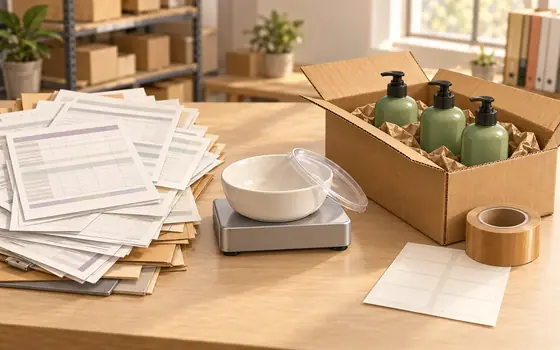 Supplier spec sheets, a food bowl and lid on a kitchen scale, and a shipping case of bottles