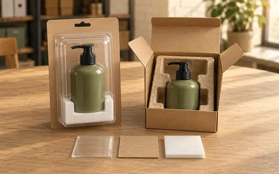 The same bottle in a plastic clamshell pack and in a plain paperboard box