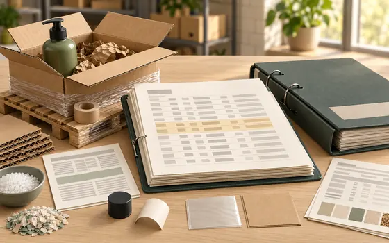 Report binder, packaging samples, and review workpapers on a desk