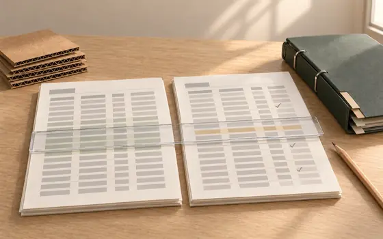 Two printed report packets side by side with a ruler lining up their rows